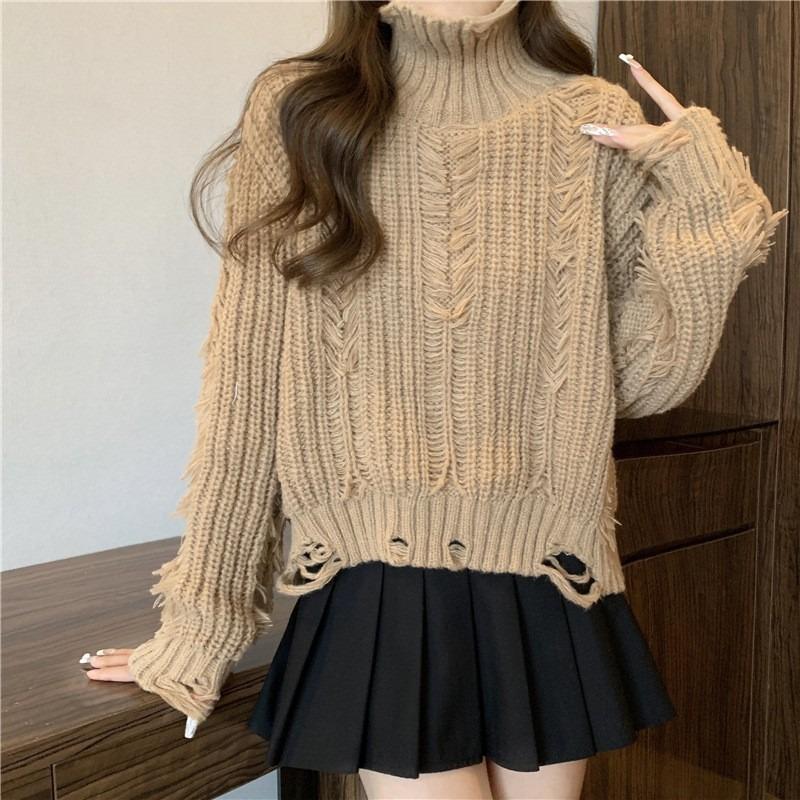 Fringed Turtleneck Knitted Pullovers for Women Autumn Winter Korean Design Ladies Sweater Solid Color Versatile Clothes