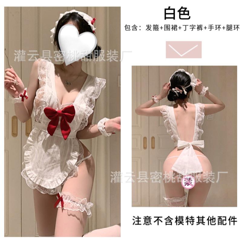 Sexy lingerie hot backless lace-up apron uniform maid outfit sexy bow little maid cosplay
