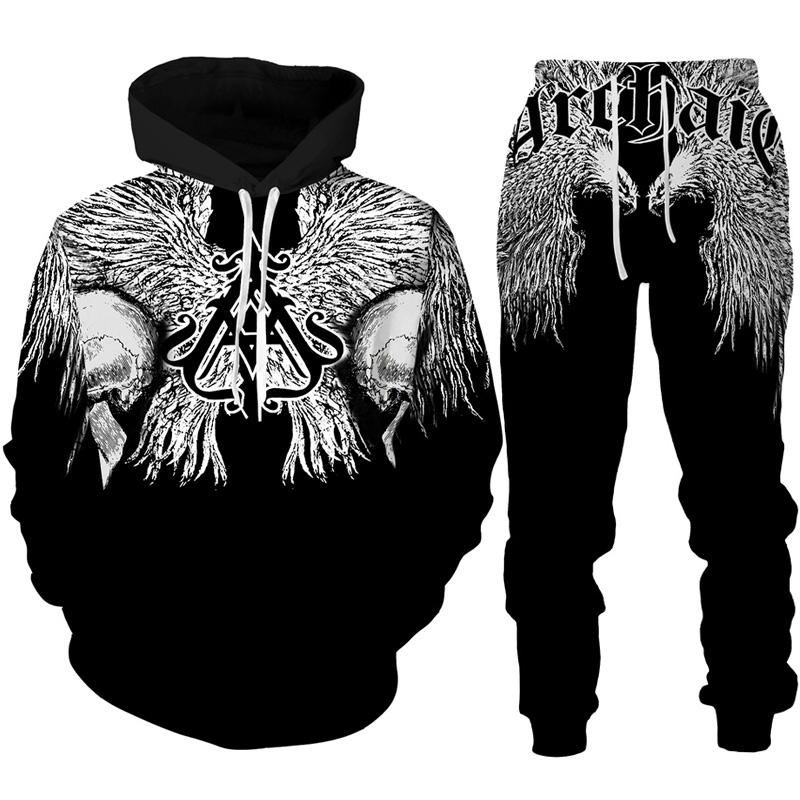 Felpa con cappuccio/tuta con stampa 3D con tatuaggio teschio gotico, moda uomo, motociclista, abbigliamento sportivo, felpa con grafica accattivante + pantaloni