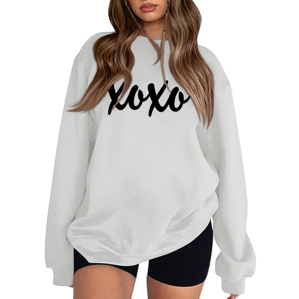 Women's Fashion Round Neck Long Sleeve Solid Color Letter Top Sweatshirt