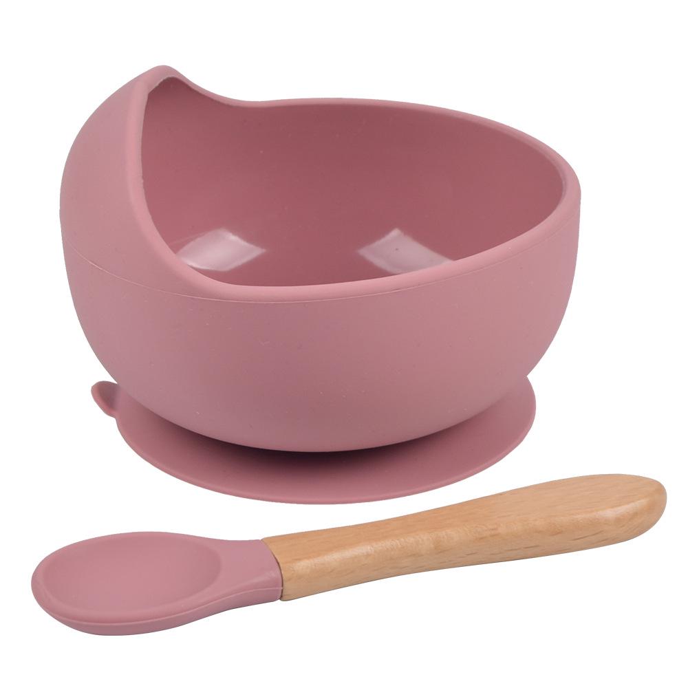 Silicone Baby Bowl & Spoon Set with Wooden Handle and Suction Cup