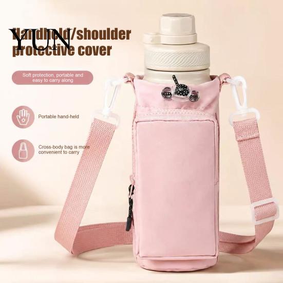 Cushioned Cup Protector Sleeve Crossbody Water Carrier, Wear-resistant Protective with Phone Pocket, Drawstring Cover Closure Portable Pouch