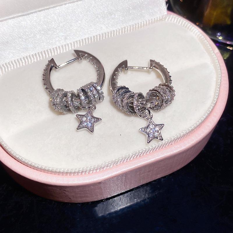 Broken Galaxy~ Zircon Round Star Ear Buckle Light Luxury Advanced Sense Exquisite Earrings Temperament Sweet Versatile Earrings