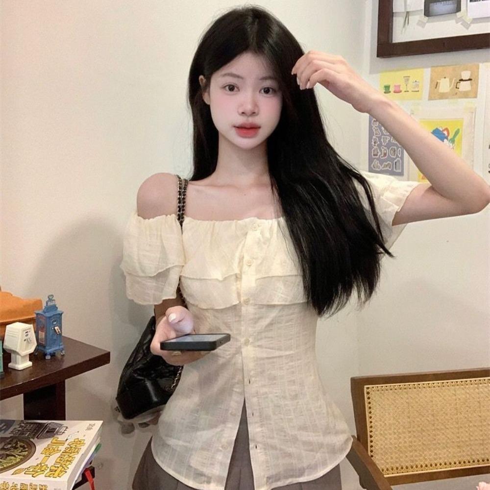 Women's Off Shoulder Short Sleeve Slim Fit Ruffle Blouse Sweet Cropped Shirt Top