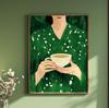 Stampa su Tela con Figure Astratte Verdi e Donna Fiore Ritratto Femminile Minimalista Japandi Poster Artistico per Decorazione Soggiorno Moderno