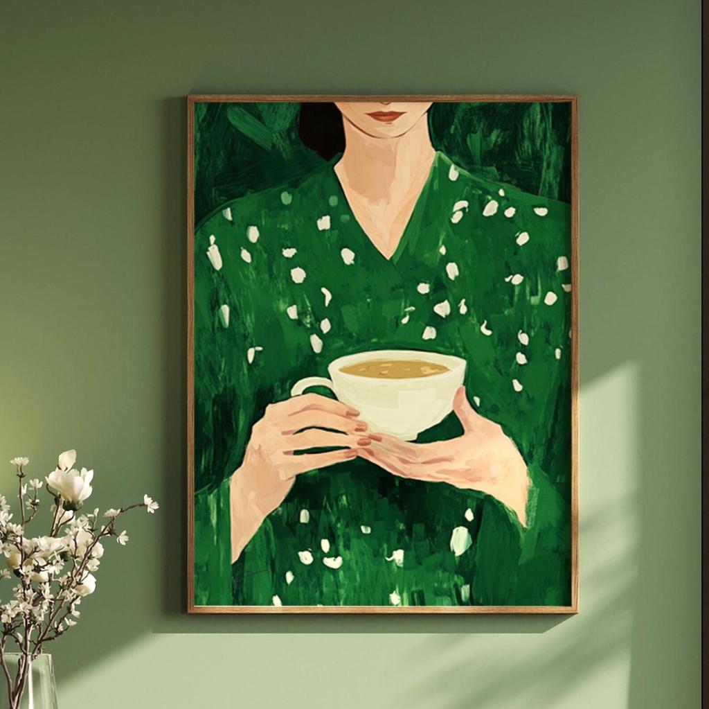 Stampa su Tela con Figure Astratte Verdi e Donna Fiore Ritratto Femminile Minimalista Japandi Poster Artistico per Decorazione Soggiorno Moderno