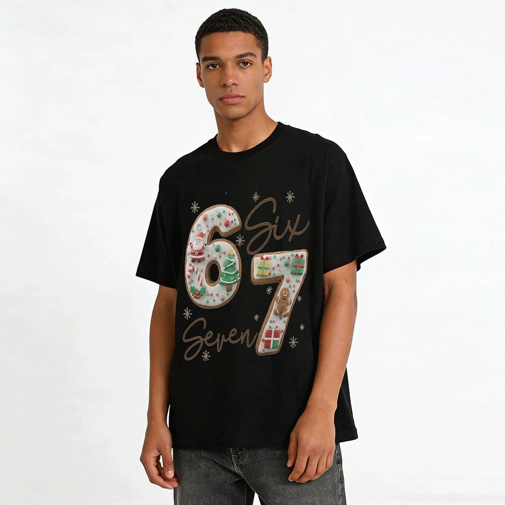 Christmas Themed Number 67 Gingerbread Print Casual Top Pure cotton T-shirt
