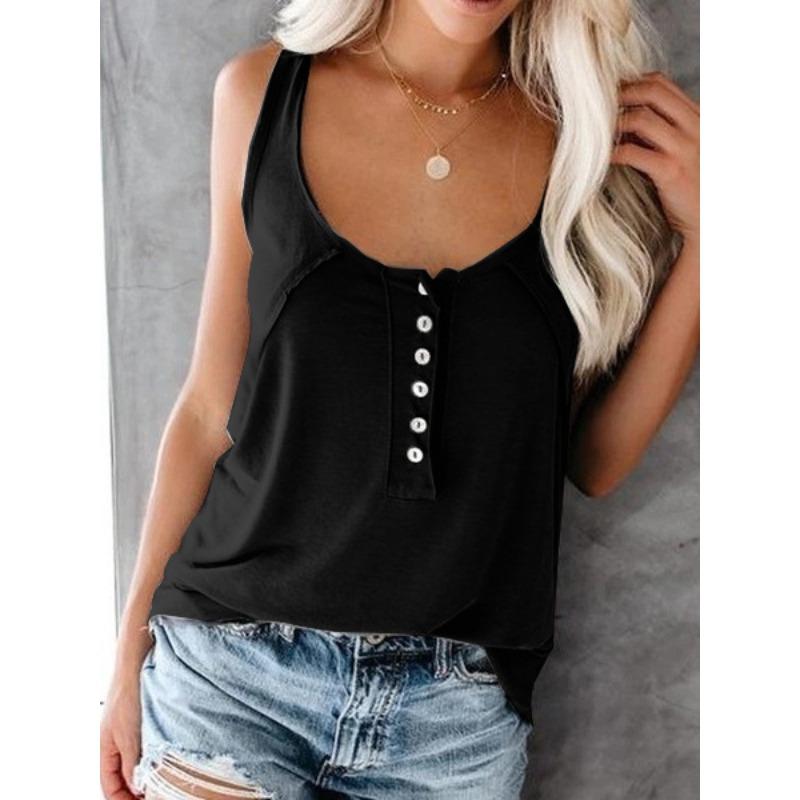 Women U neck henley button tank top solid dark grey loose casual sleeveless camisole S