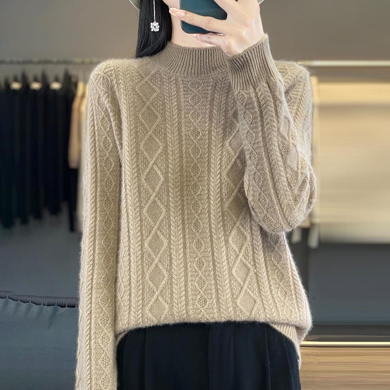 Solid Colour Half High Neck Threaded Stranded Flower Top Women's Pullover Knitted Sweater Tide