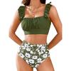 Women 2 Piece High Waisted Bikini Set, Floral Ruffle Tummy Control Swimsuit, Ruched Modest Full Coverage Bathing Suit