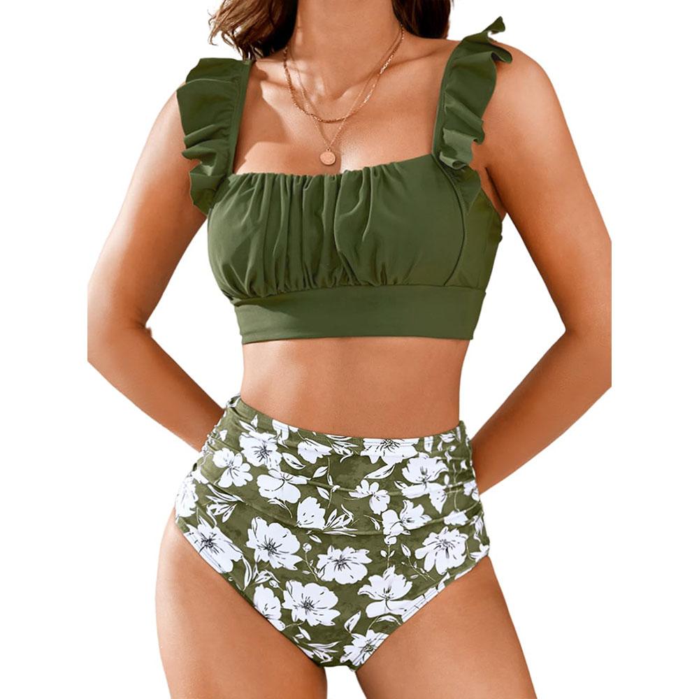 Women 2 Piece High Waisted Bikini Set, Floral Ruffle Tummy Control Swimsuit, Ruched Modest Full Coverage Bathing Suit