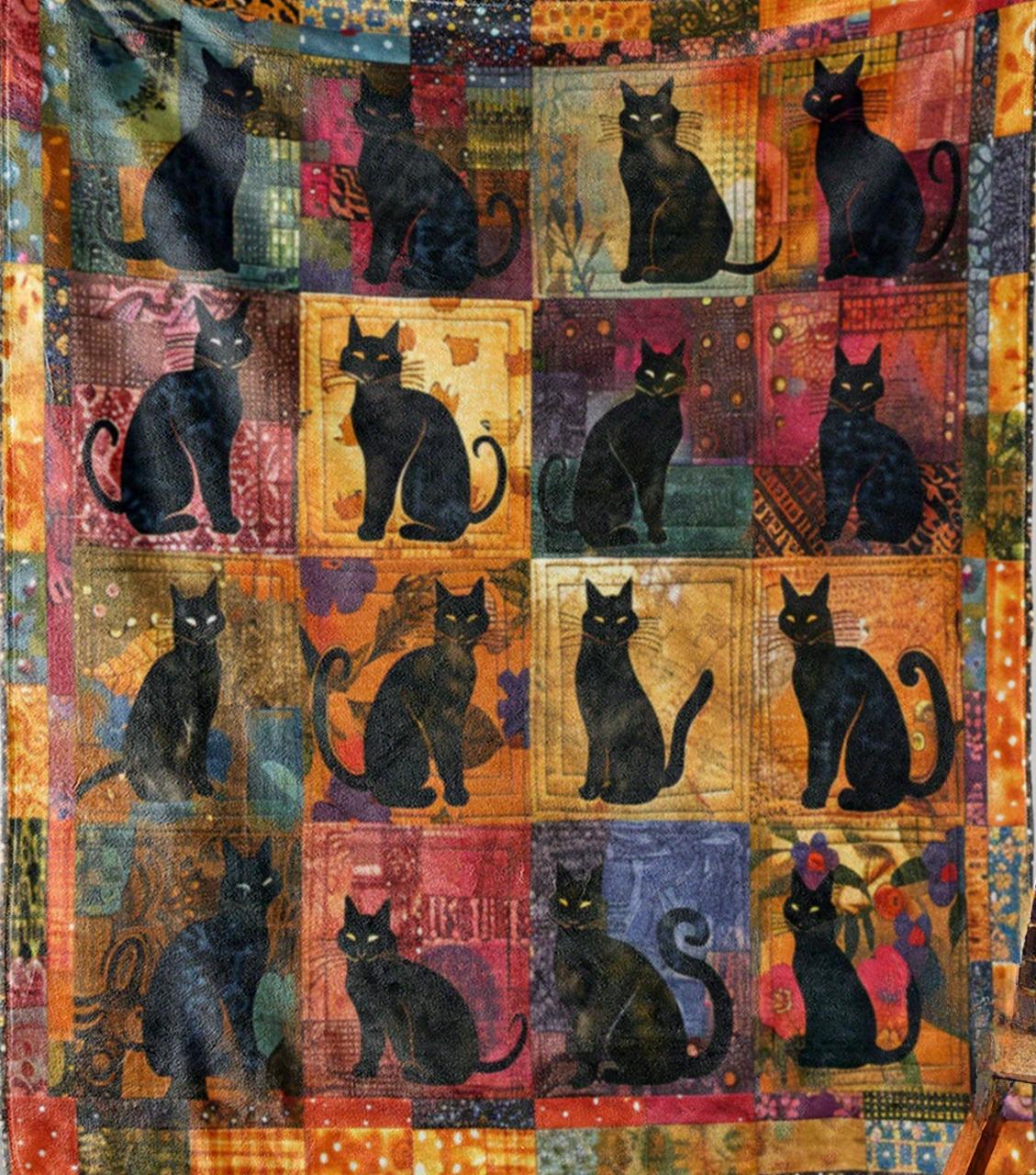 

Містична чорна кішка, клаптикова стьогана ковдра - Затишний та декоративний домашній аксесуар з яскравими кольорами та унікальними візерунками 80x60in