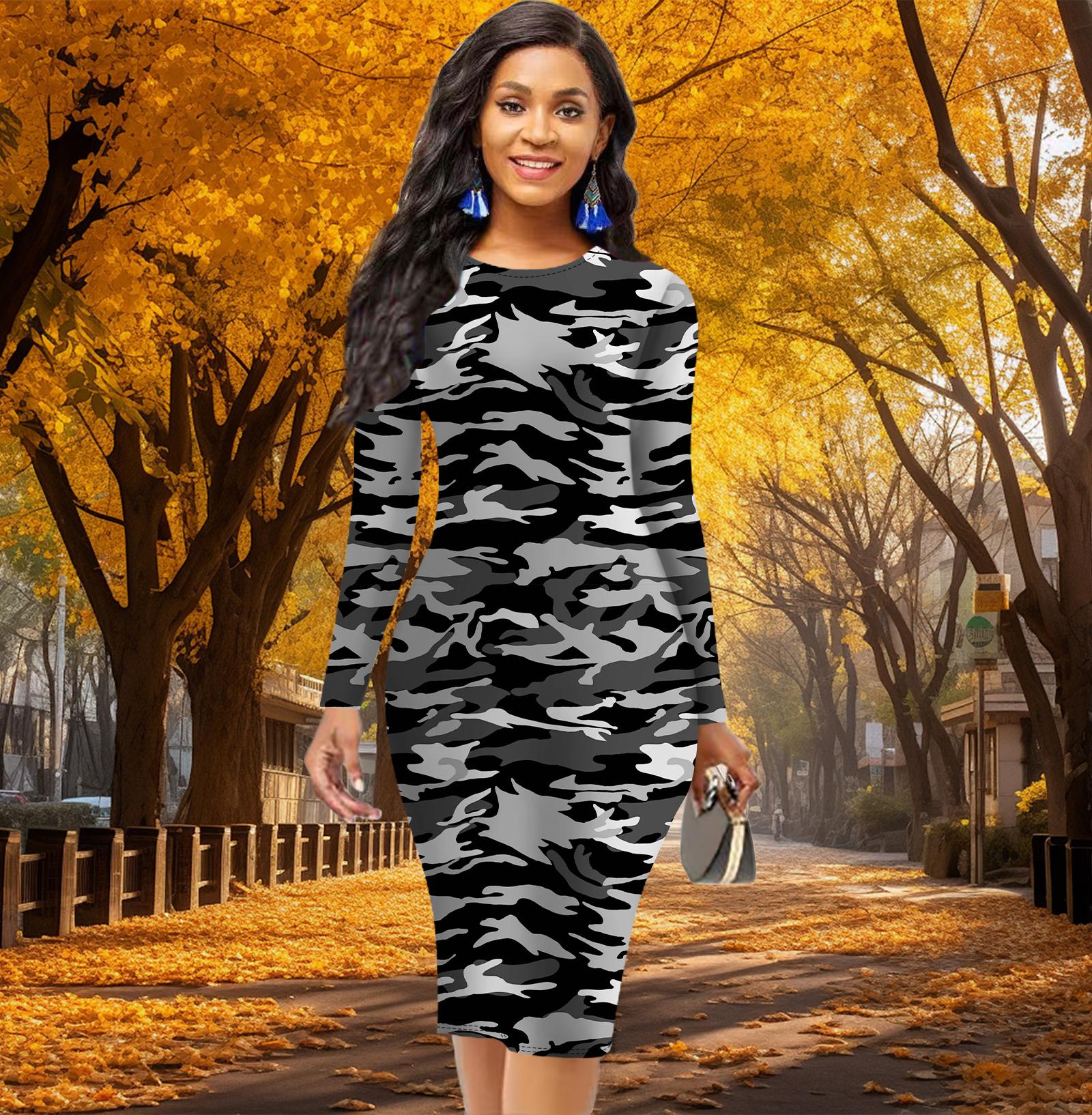 

Long Sleeve Waist Tight Office Slim Fit Fashion Camouflage Printing Elegant Bodycon Dress 8XL помаранчевий