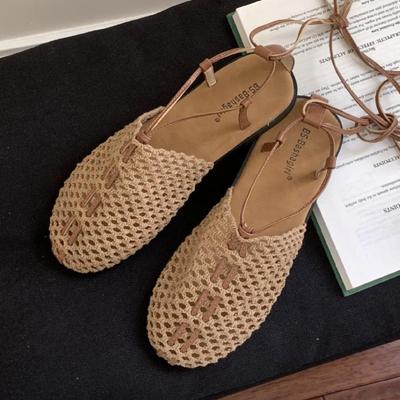 Mode Confortable Tissé Croisé Design Sandales Plates Femmes Mode Maille Creuse Antidérapantes Chaussures de Plage Été Extérieur Marque Chaussure Décontractée