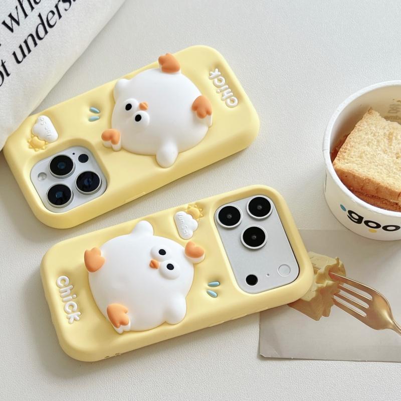 Cute 3D Cartoon Chick Phone Case For 17 16 15 14 13 12 Pro Max Plus Soft Silicone Protective Cover