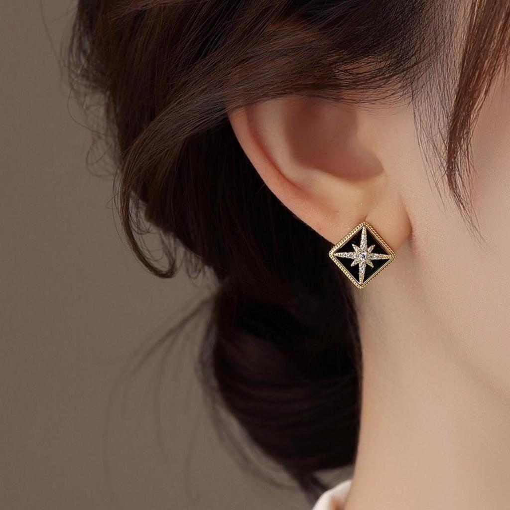 French Black Zirconia Starburst Stud Earrings for Women - Elegant and Versatile Design