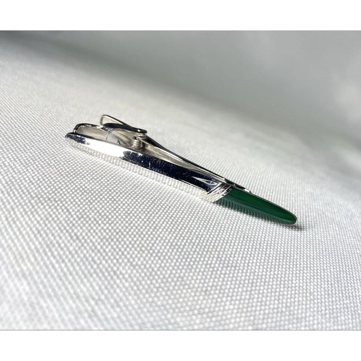 Used Buy it now Rare YVES SAINT LAURENT YSL Dark Green Stone Decoration & Silver Vintage Tie Pin Tie Pin Tie Bar