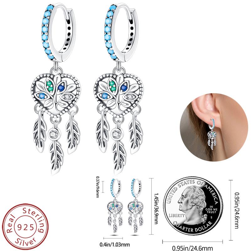Real 925 Silver Palm Devil's Eye Feather Dream Catcher Design Luxury Earrings Fit For Engagement Fine Jewelry Gifts