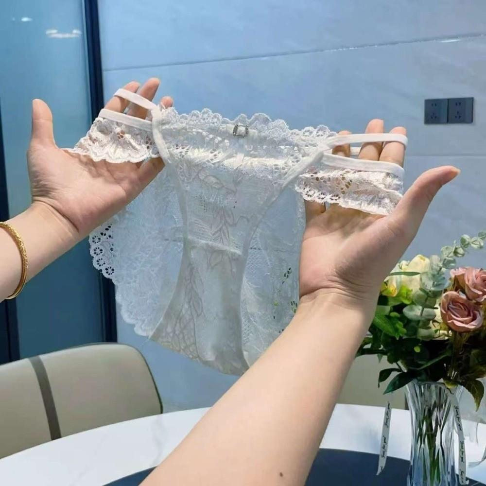 Breathable Transparent Lace Panties Hollow Out Low Waist Bow Briefs Mesh See-through Panties Summer