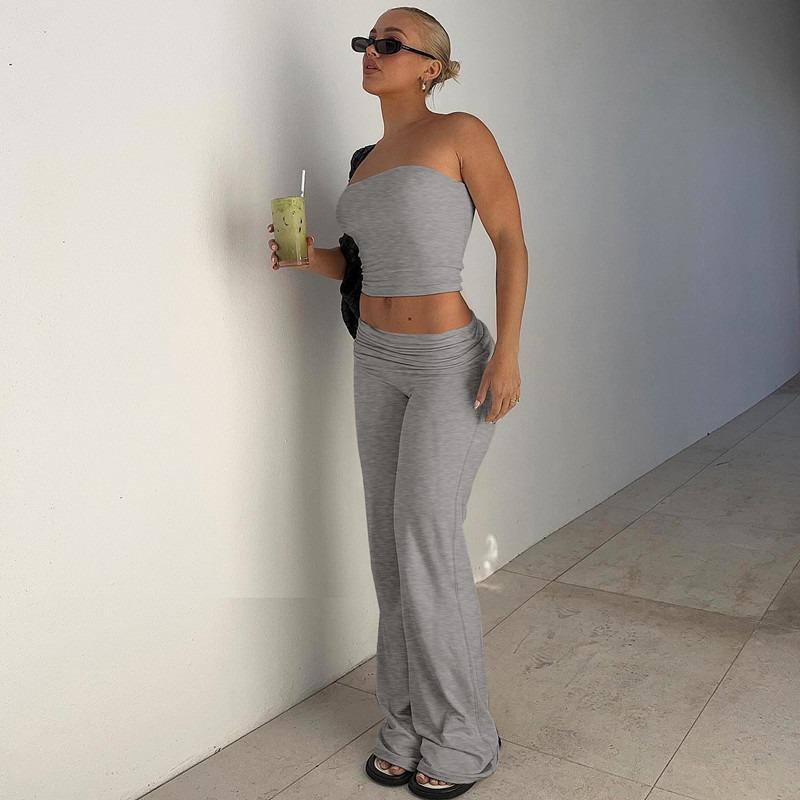 Women Casual Solid Strapless Sleeveless Top Flared Pants Two Piece Set