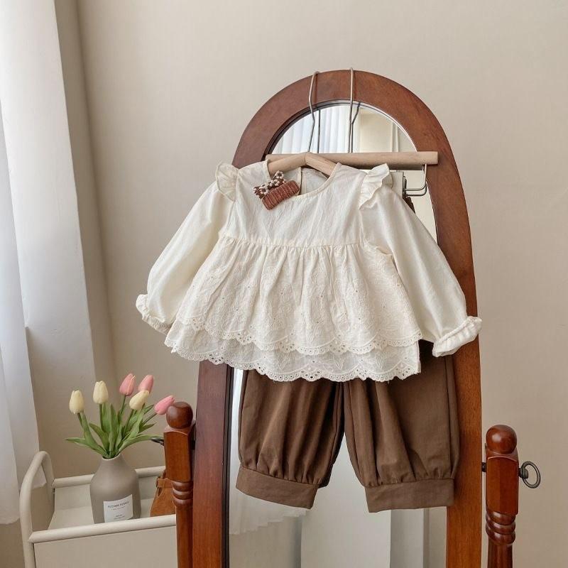 

Elegant Cotton Girls Outfit Set For Fall 2024 Chic Long Sleeve Shirt And Brown Pants For Ages One To Six 130cm/51.18in