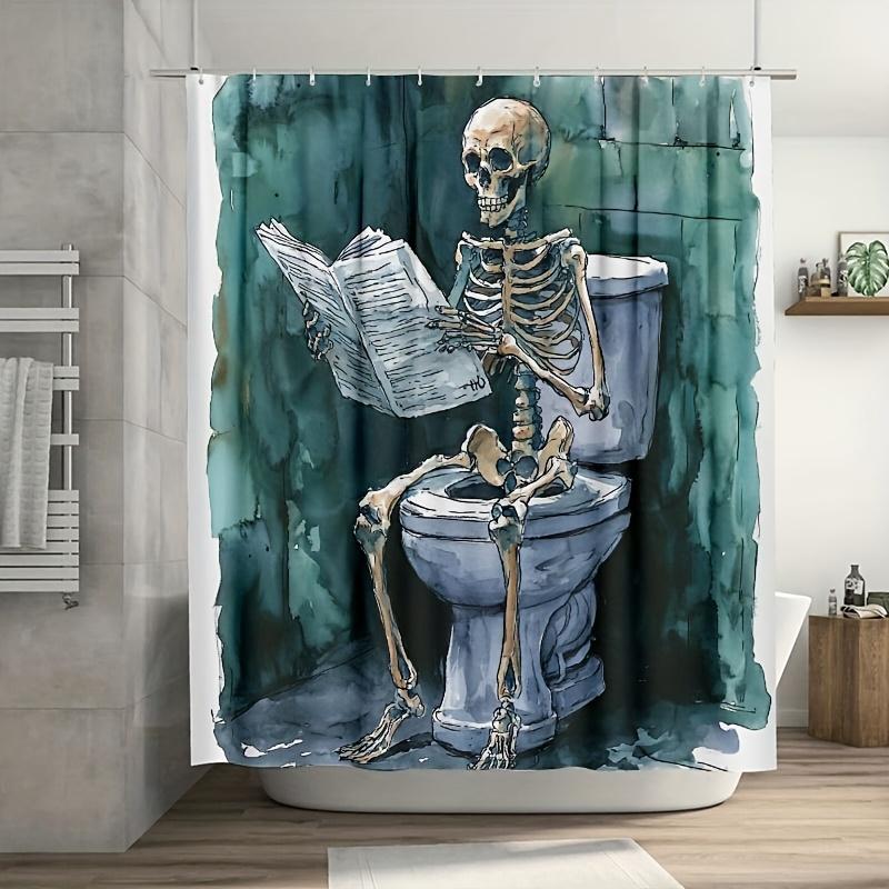 1PC Skeleton on Open Toilet Shower Curtain, Durable Polyester, Easy Clean, for Bathroom & Window Decor