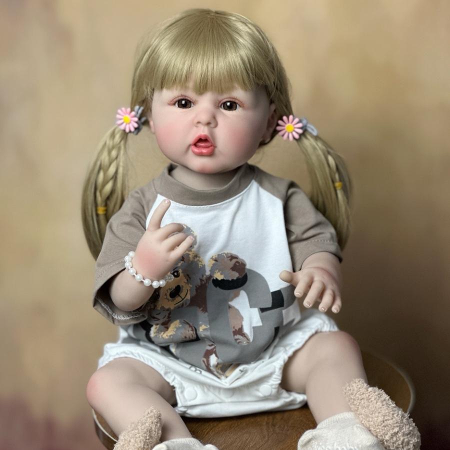 BZDOLL Realistic 55 CM 22 Inch Reborn Baby Full Vinyl Body Girl Doll with Blonde Long Hair Princess Toddler Bebe Christmas Gift