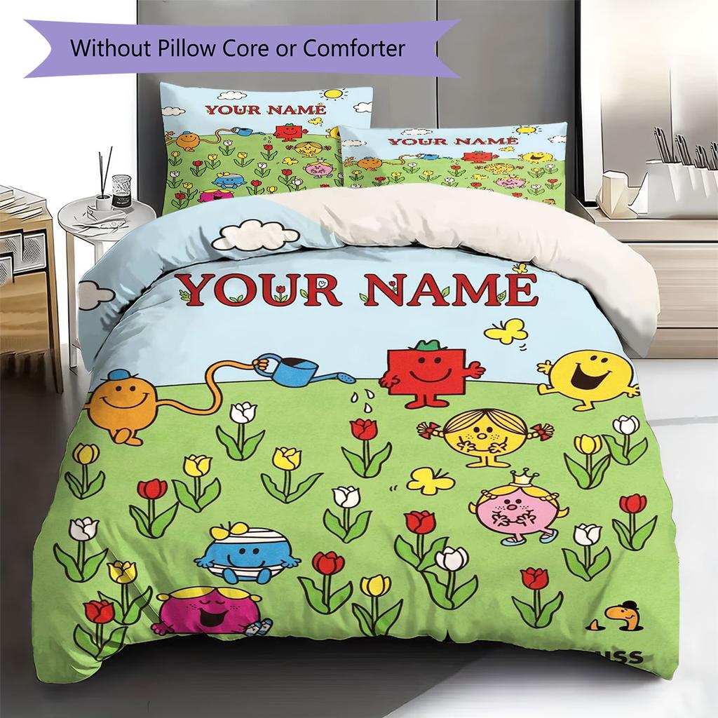 Mr. Men Little Miss Custom Name Pattern Bedding,Quilt Set Quilt Cover Pillowcase Home Birthday Gift(1 * duvet cover + 2 * pillowcase, without core)