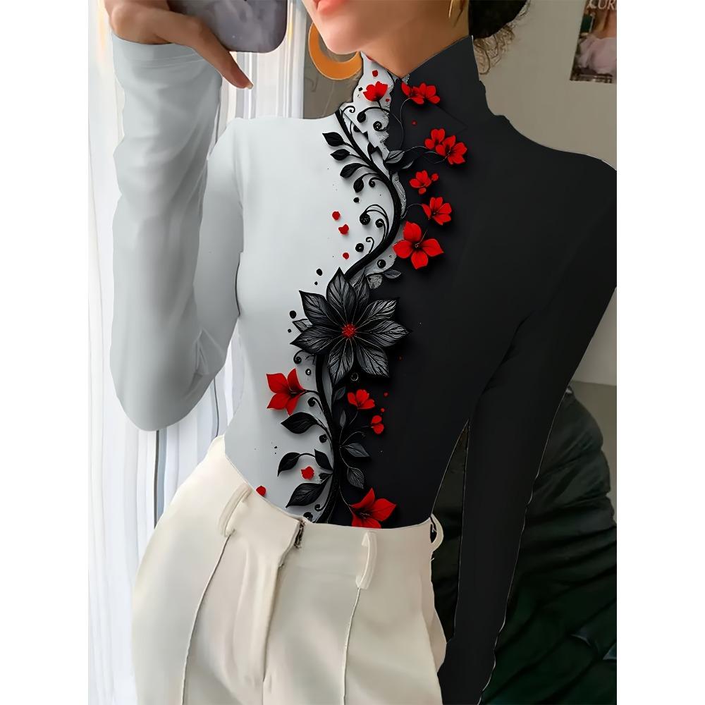 Women's Printed Cheongsam Collar Slim-fitting Long-sleeved T-shirt, Elegant Long-sleeved Bottoming Shirt, Spring and Autumn Women's Clothing