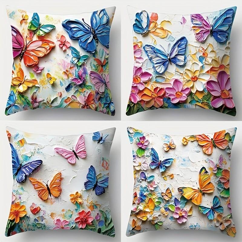 Colorful Butterflies And Flowers Pillow Cover Pattern Cushion Cover Suitable For Sofa Bedroom Car Pillow Cover