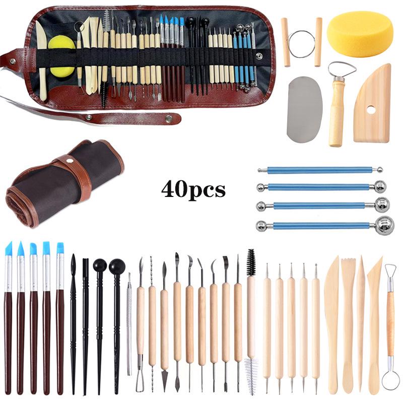 40-Piece Pottery & Clay Sculpting Tool Set: Includes Stone & Wooden Knives for DIY Sculpture and Clay Crafting.