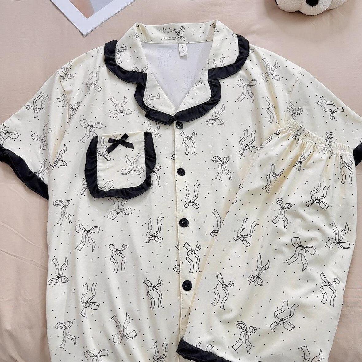 

Cute bow pajamas summer women s new short-sleeved shorts summer Korean version of Internet celebrity loungewear suit can be worn outside s [recommendation 35-40kg ]