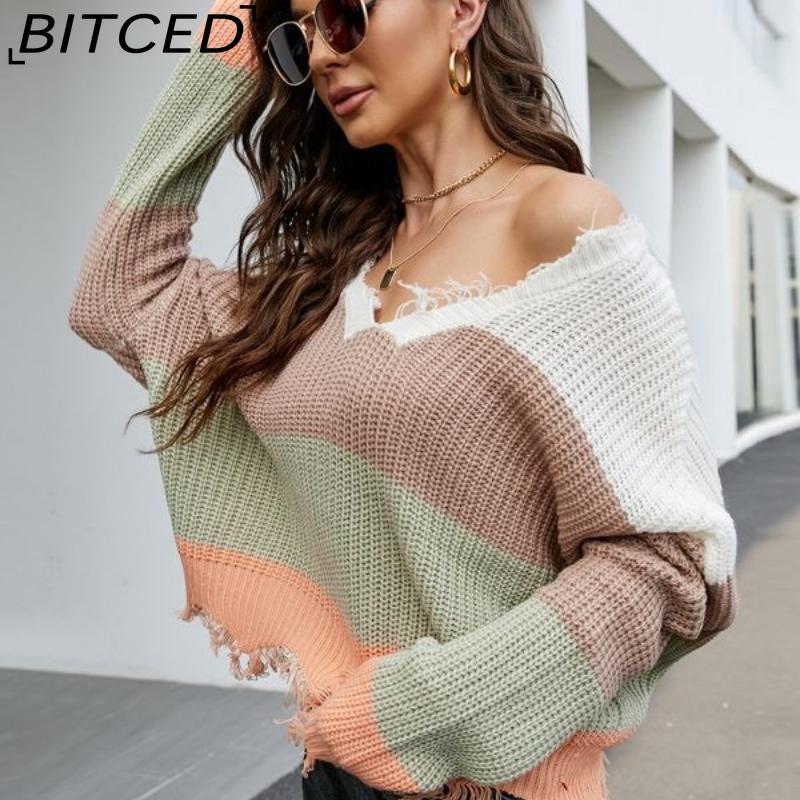 BITCED Women's Oversized Cropped V-Neck Sweater Women's Knit Sweater with Fringe for Fall/Winter