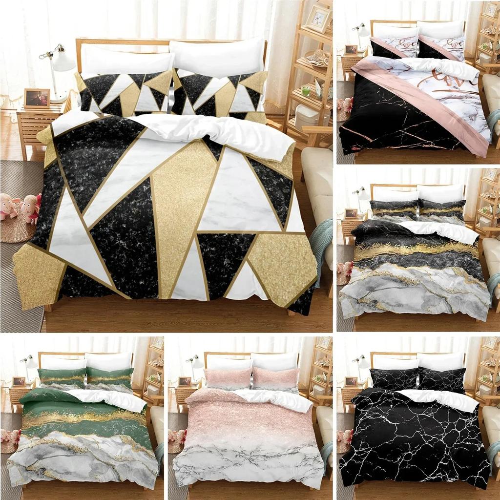 Toppmodern Marmor Påslakan King Queen Size Geometriskt Mönster Täcke Mikrofiber Abstrakt Sängkläder