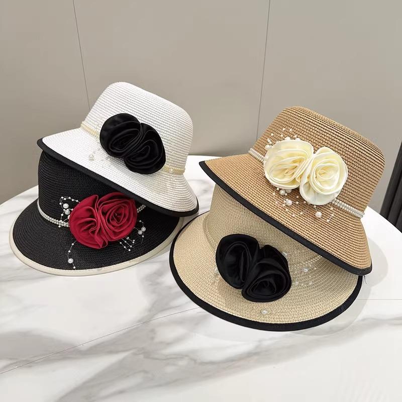Vintage Rose Bucket Hat Women's Summer Sunshade Sunscreen Fashion Hepburn Style Straw Hat Straw Braided Bowler Hat