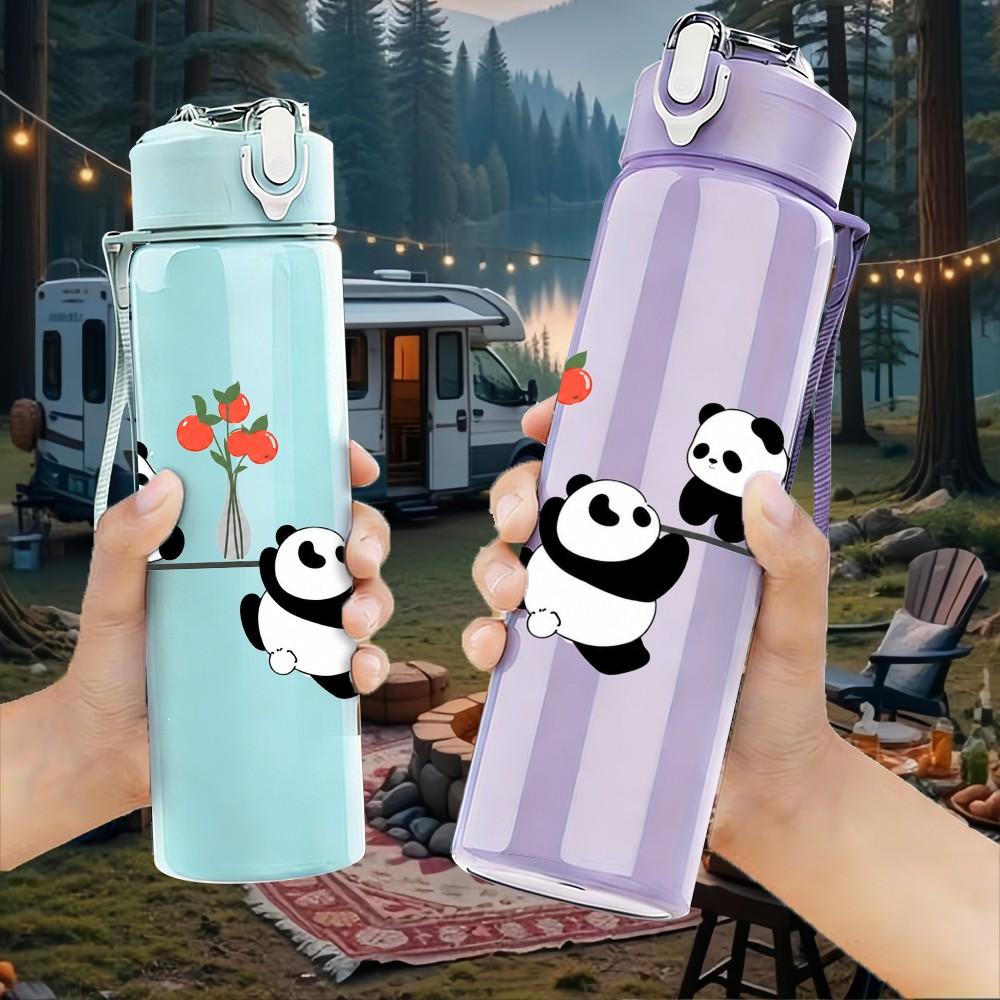 1PC Two Hugging Panda Bears Pattern 750ml Color Plastic Sports Water Bottle Leakproof Flip Straw Lid Suitable for Sports Office Home Use