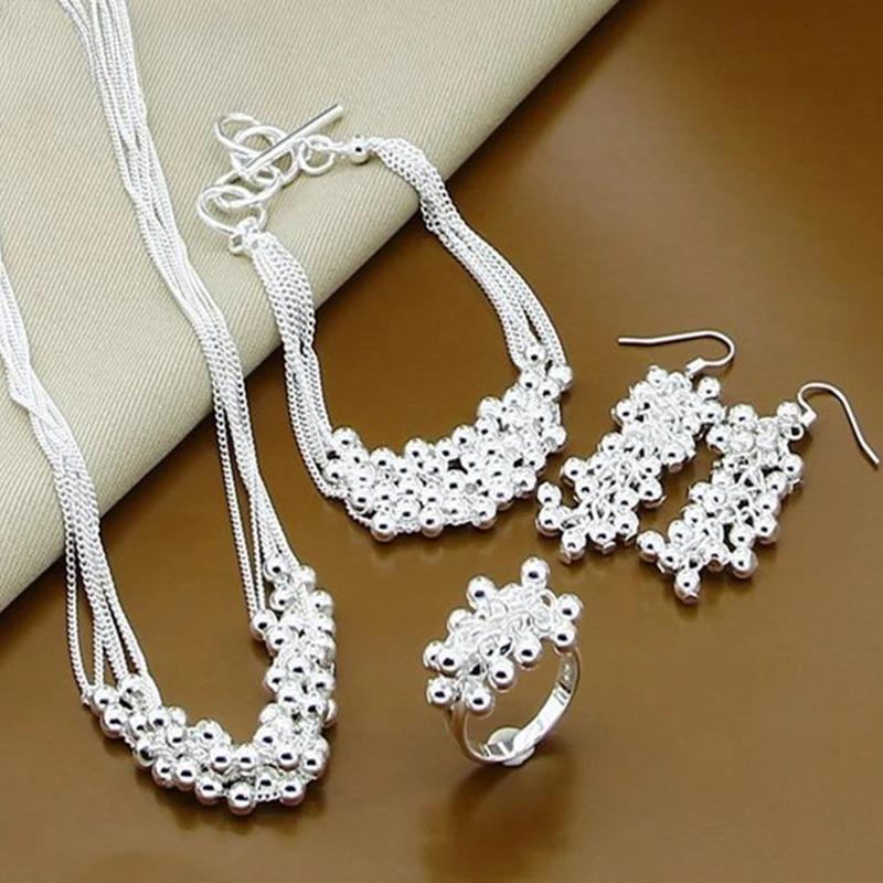 925 Sterling Silver Smooth Grape Beads Necklace Earring Ring Bracelet for Women Fashion Wedding Gift Charm Jewelry