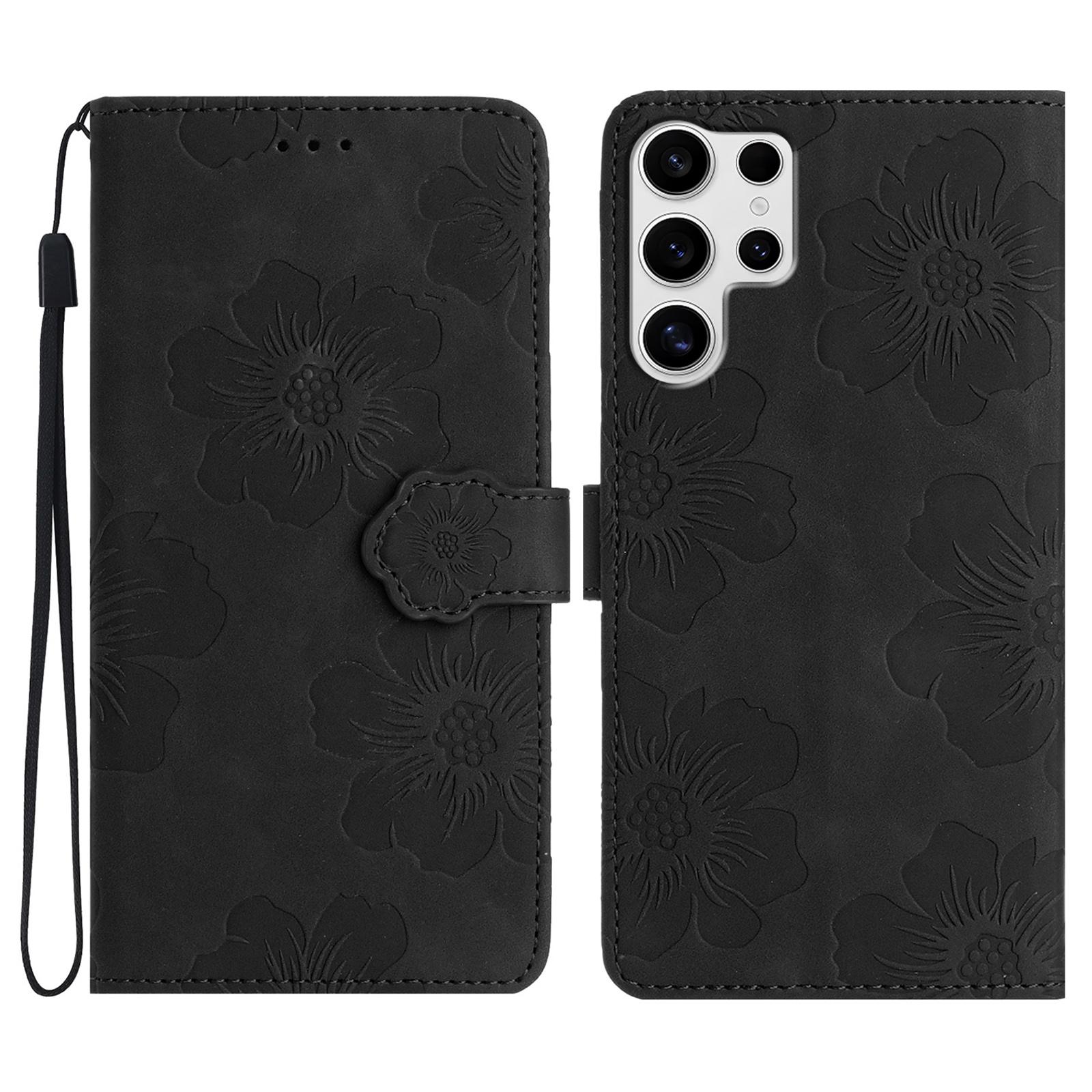 

For Samsung Galaxy S25 Ultra Case Flower Design Leather Wallet Phone Cover with Wrist Strap E