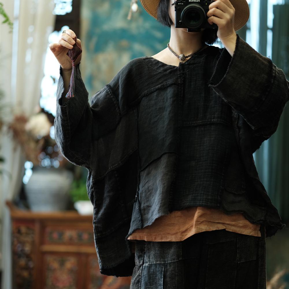 Johnature Dámská vintage patchworková trička s dlouhým rukávem a výstřihem do V, volná jarní trička