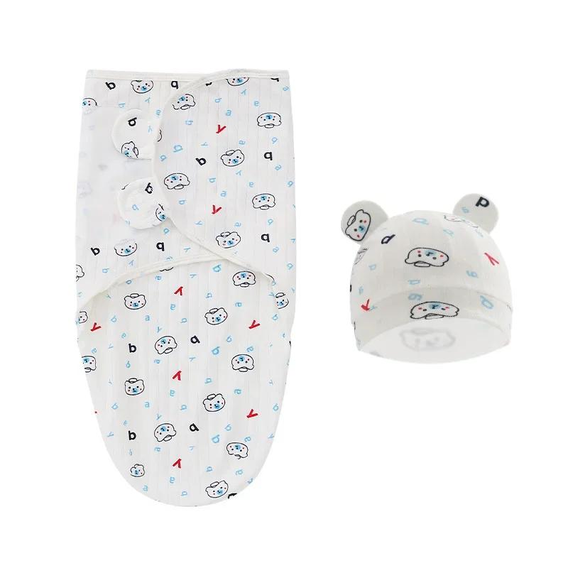 100% Organic Cotton Baby Swaddle Blanket Wrap Hat Set for Infant Adjustable Newborn Swaddle Baby Swaddle for 0-3 Month (as the picture,50x73cm)
