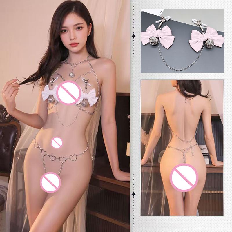 Exotic Sexy Body Chain Underwear Set Metal Bodysuit Gold Silver Transparent Costume Decorative Jewelry for Women