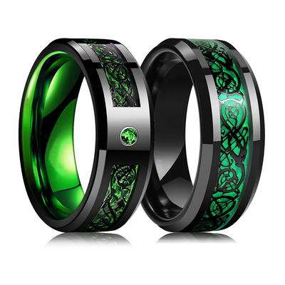 Anelli di Matrimonio alla Moda in Tungsteno Nero con Drago Celtico per Uomo Intarsiati Zircone Verde Punk Uomo Acciaio Inossidabile Anello in Fibra di Carbonio Verde