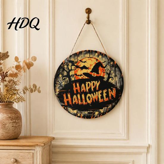 Halloween Party Home Ornament Witch Hanging Sign 8" Round Wooden Door Autumn Forest Porch Wall Decoration Witches Rustic Holiday Sign for Front