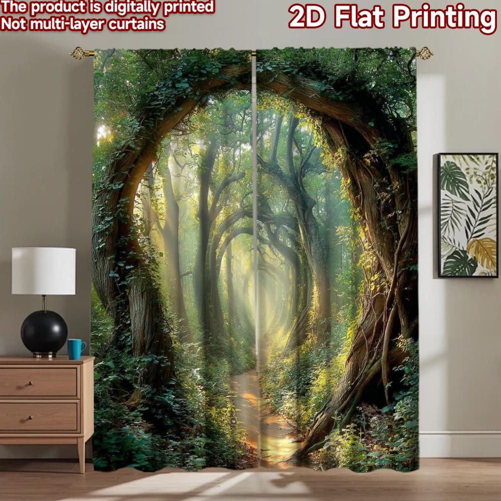 2D Flat Printing 2pcs Window Curtains Enchanted Forest Path Sunlit Digital Printed Polyester Drapes Festive Holiday for Indoor