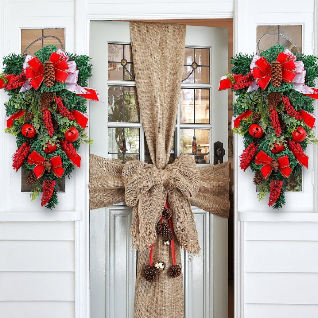 Christmas Ribbon Bell Upside Down Tree Wreath Door Hanging Christmas Bow Cane Decoration