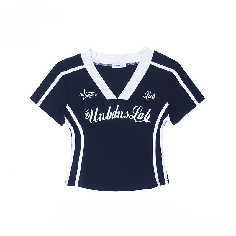 

Y2K повседневный короткий пуловер в стиле BM, футболка с v-образным вырезом и буквенным принтом, обнаженный пупок, облегающая футболка, топ L синий