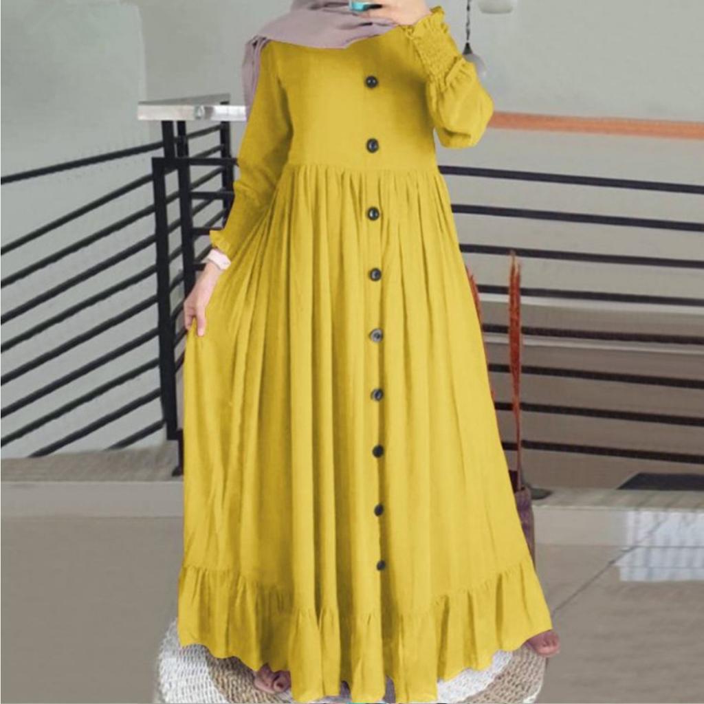 Women's Crew Neck Long Sleeve Maxi Dress Loose Waist Ruffle Hem Modest Abaya Dress