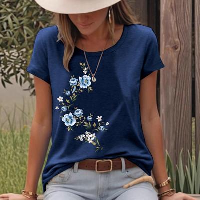 T-shirt Manches Courtes Femme Imprimé Floral Col Rond Ample Manches Courtes