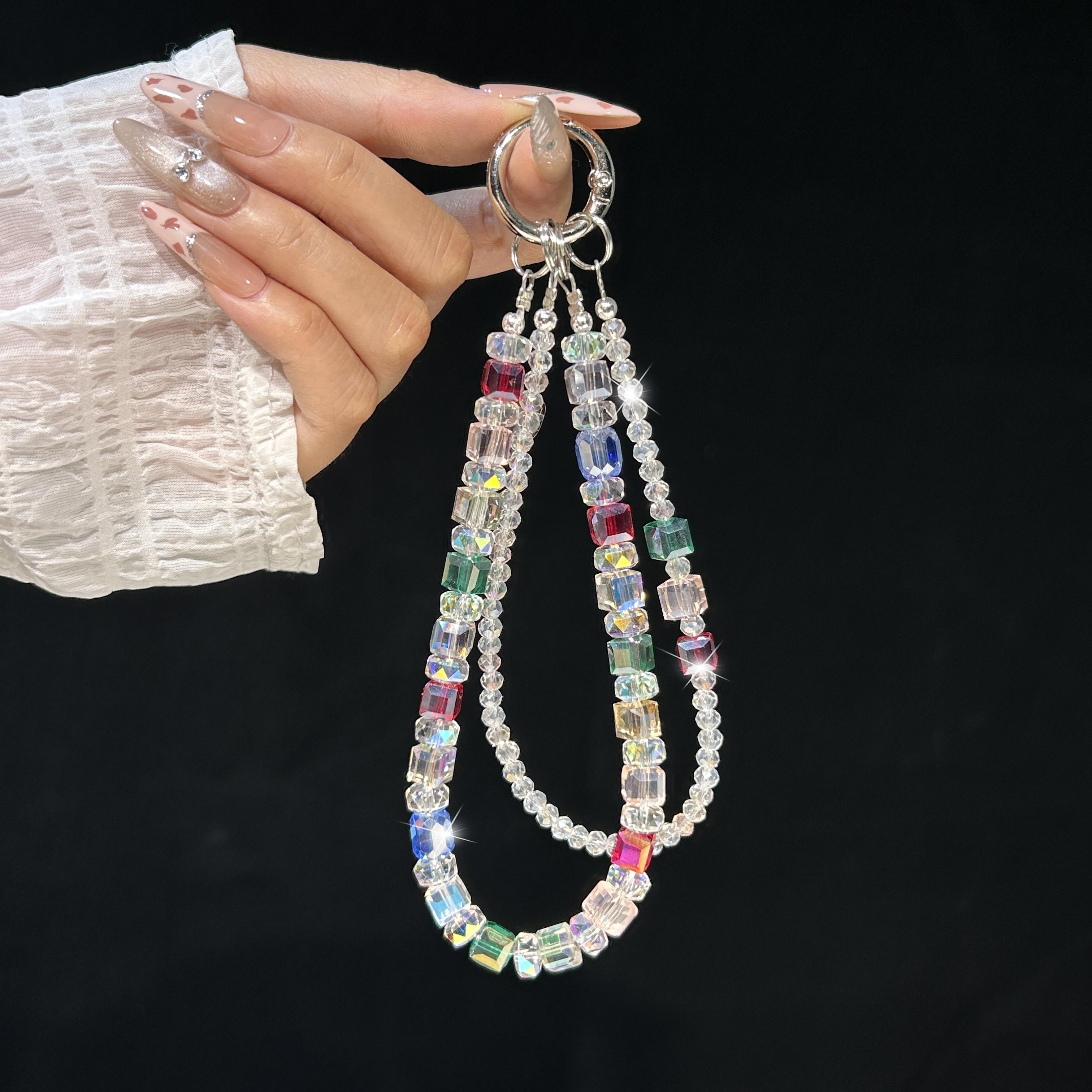Crystal Beaded Phone Charm Lanyard Sparkly Rhinestone Wrist Strap Chain for Women Bag Keychain Anti-Lost Chain