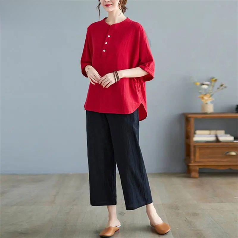 Mom's Trendy Ethnic Cotton Linen Slimming Two-Piece Summer Set